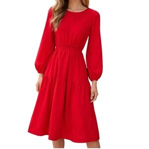 Vrajavali Saint-Petersburg Red Midi Dress Long Bishop Sleeve Women Size M